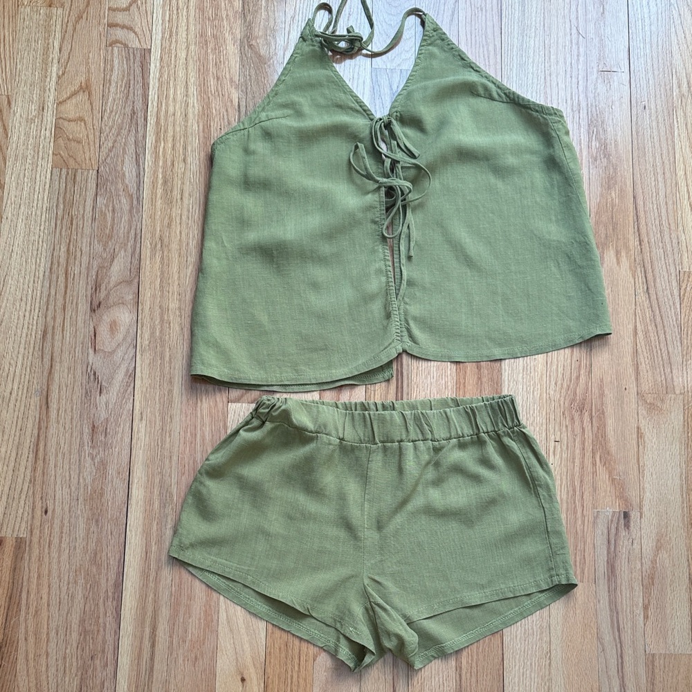 100% Cotton Olive Green Two-Piece Linen-Look Tank & Shorts Set